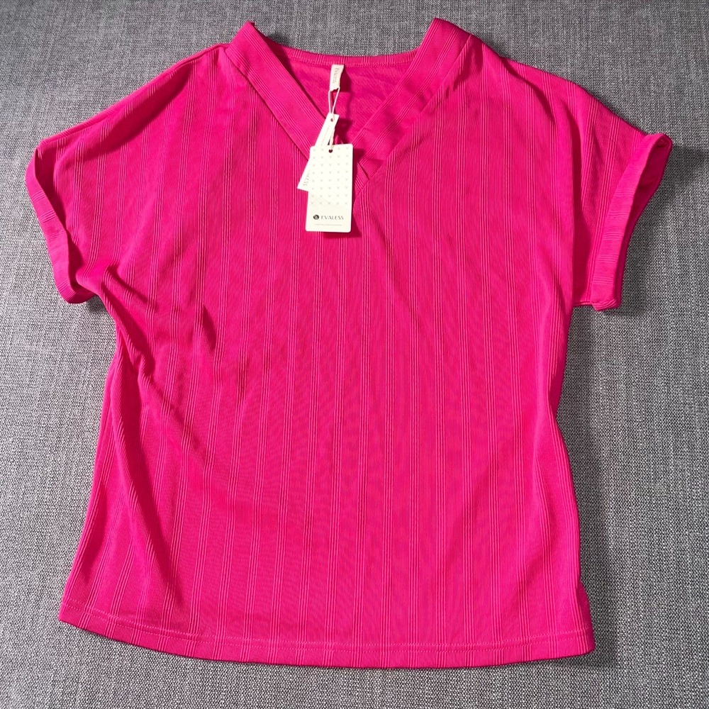 Evaless T Shirt Women Large Pink Stretch Ribbed Cuffed Sleeve V Neck Casual Wear